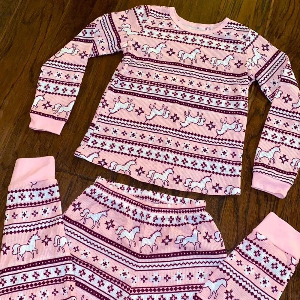 Wonder Nation pink white maroon unicorn 🦄 long Johns pajama set 7/8 Medium PJ’s